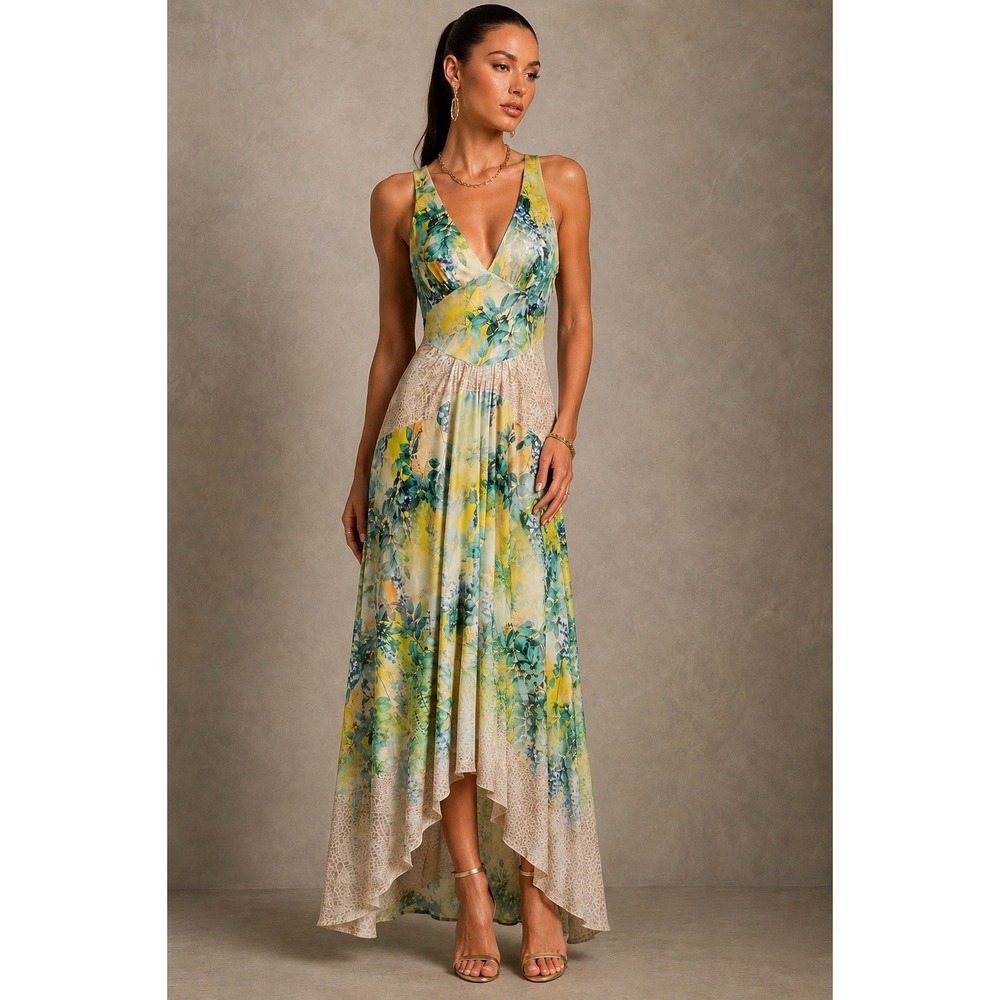 bebe Y2K Slinky Floral Maxi Dress Womens XS High/Low Fairy Wedding Guest Evening